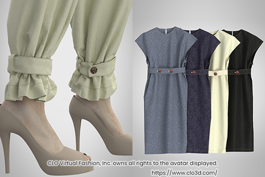 織田ファッション専門学校_ファッション3D CAD「CLO」でモデリングしたパンツとハイヒールとワンピース