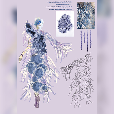 織田ファッション専門学校のファッションデザイン科学生が描いた青のファッションデザイン画